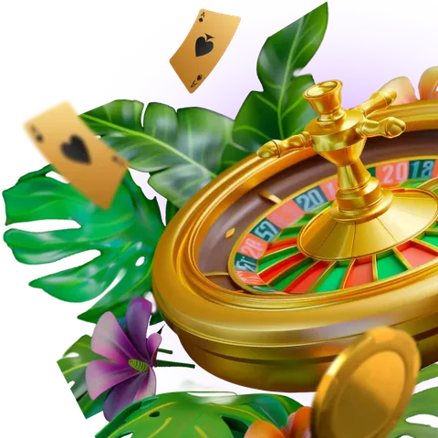 Golden roulette wheel and playing cards from Nine Casino promo art